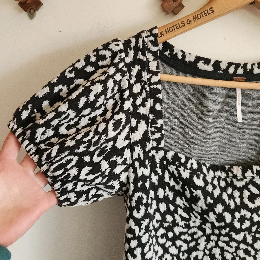 Free People Black White Animal Print Puff Sleeve Top Square Neck Small